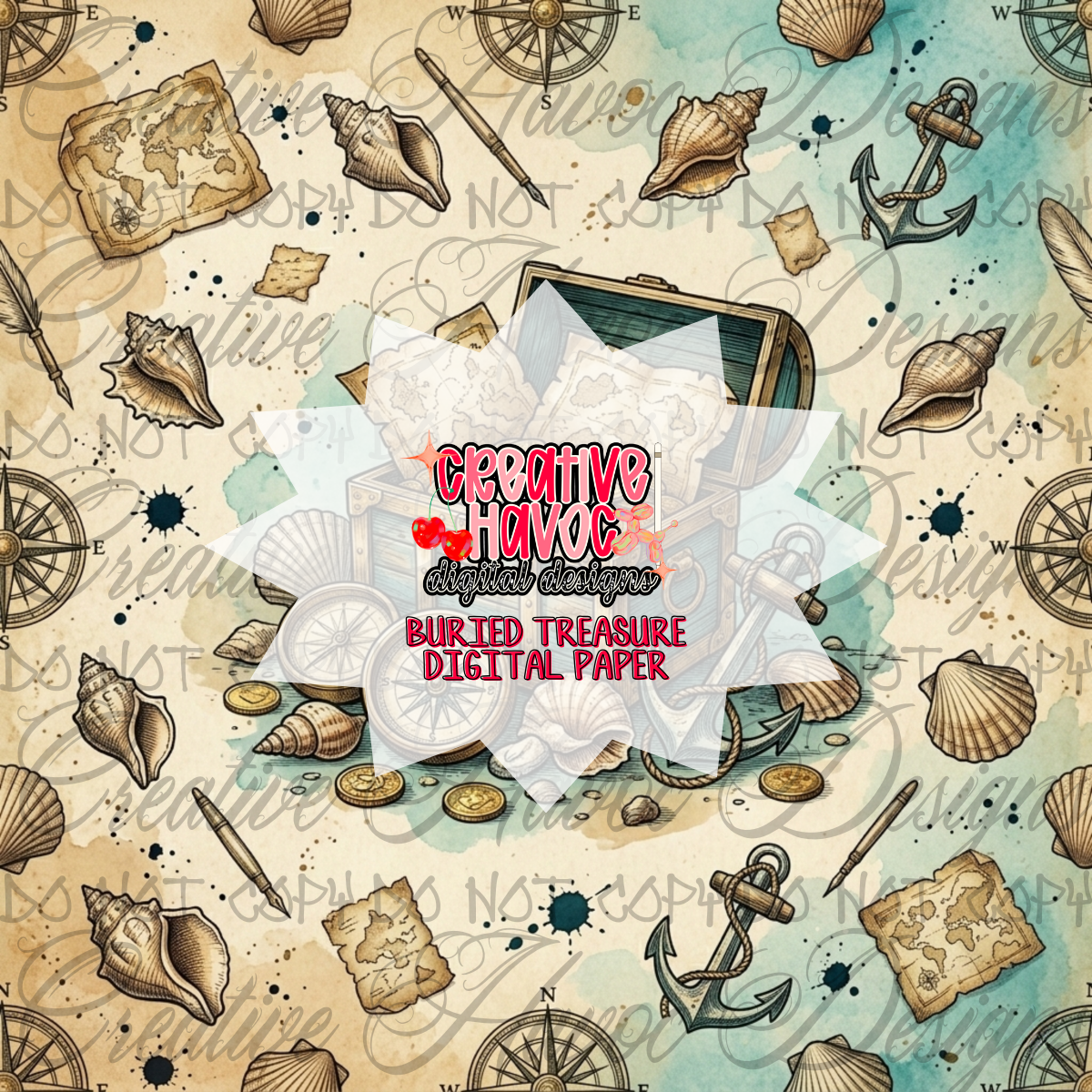 Buried Treasure Digital Paper | Nautical Pirate Map Background