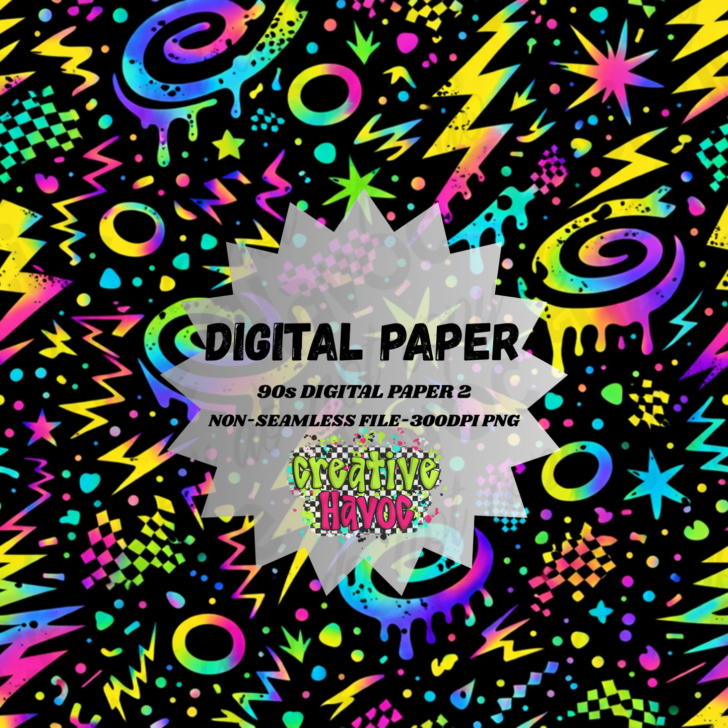 90s Digital Paper – Retro Shapes & Lightning Bolts (PNG, 300 DPI)