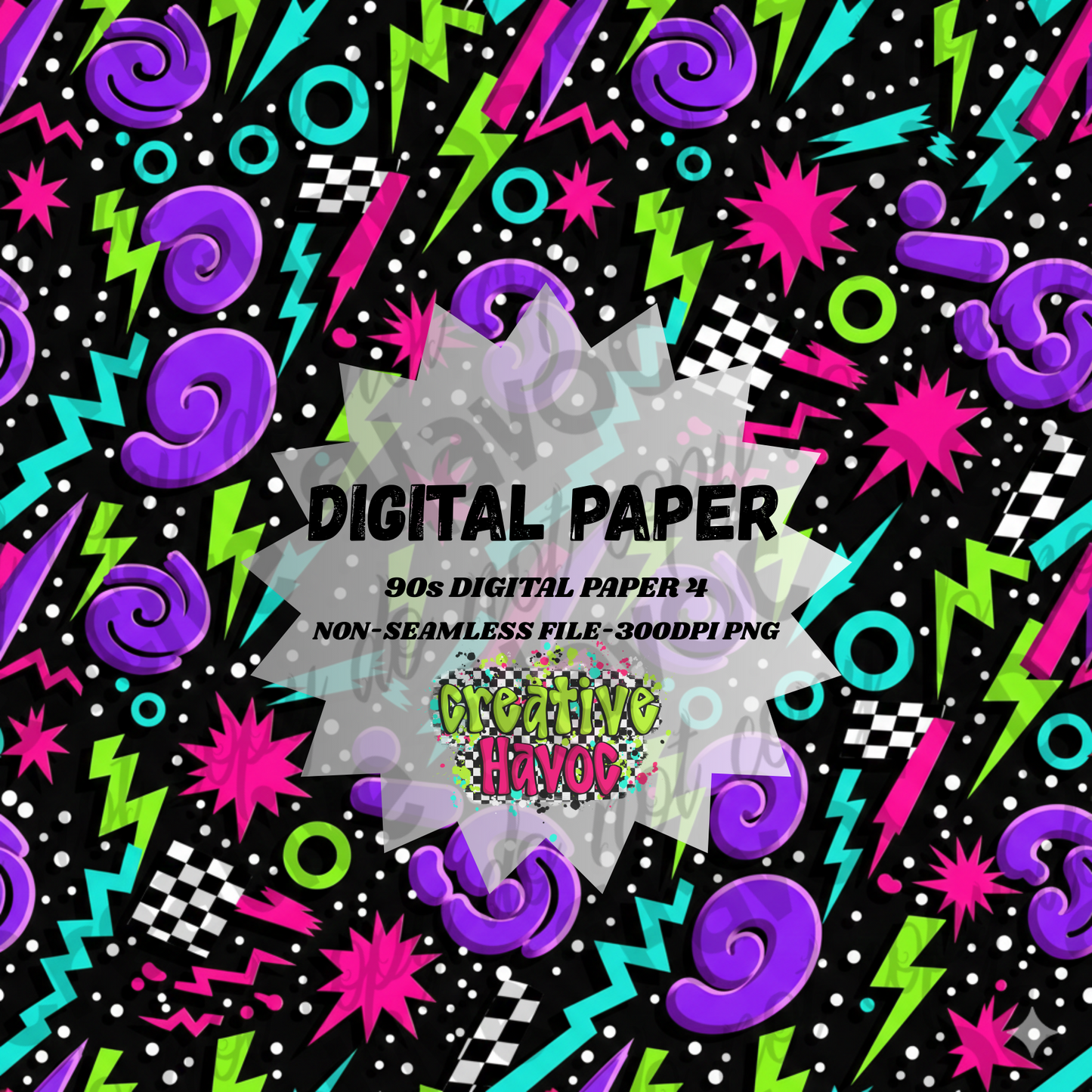 90s Digital Paper – Bold Neon Doodles & Abstract Shapes (PNG, 300 DPI)