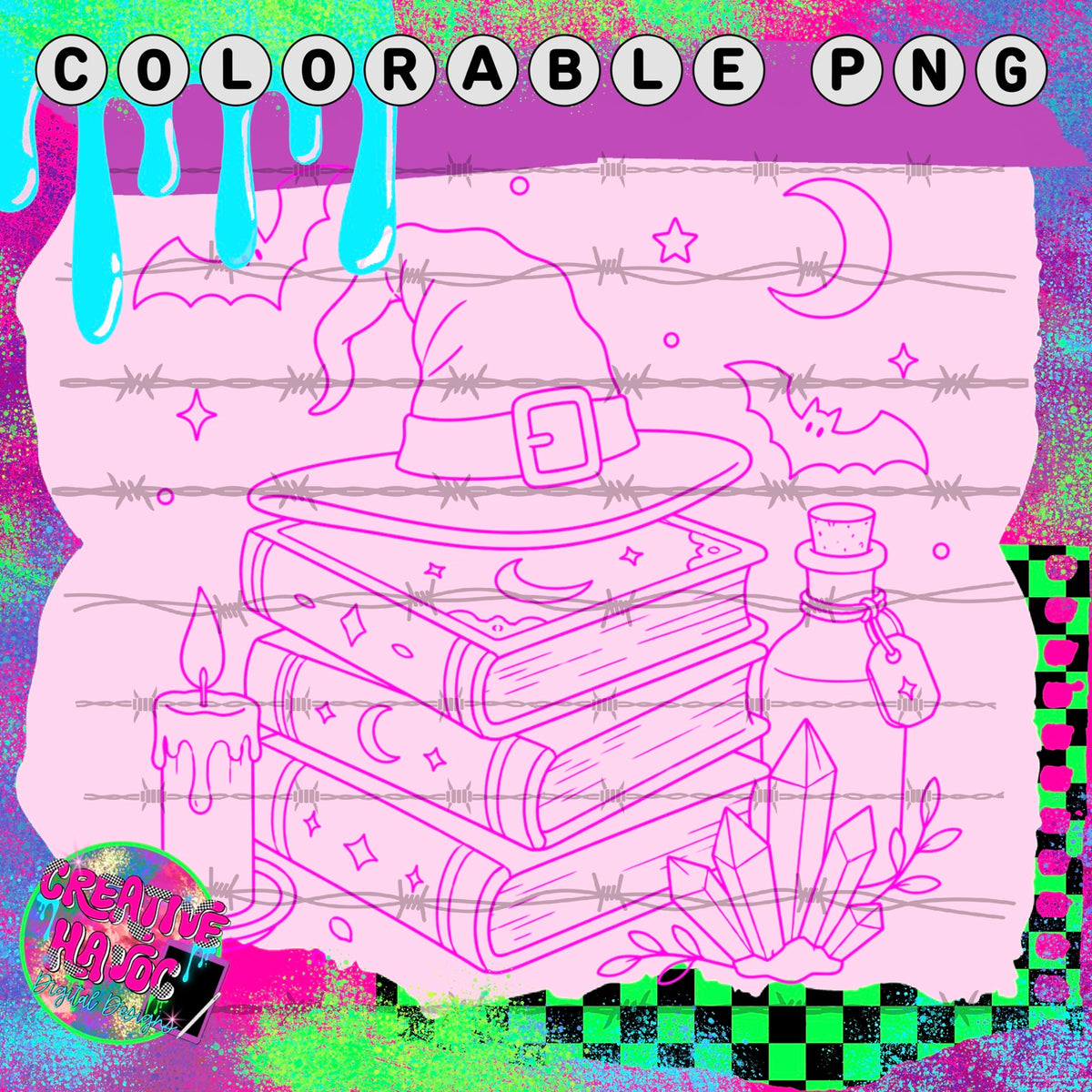 Witch Hat and Spell Books – Colorable PNG
