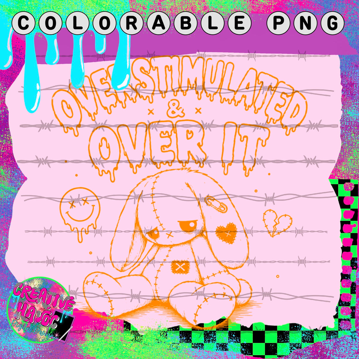Overstimulated and Over It – Bunny Colorable PNG