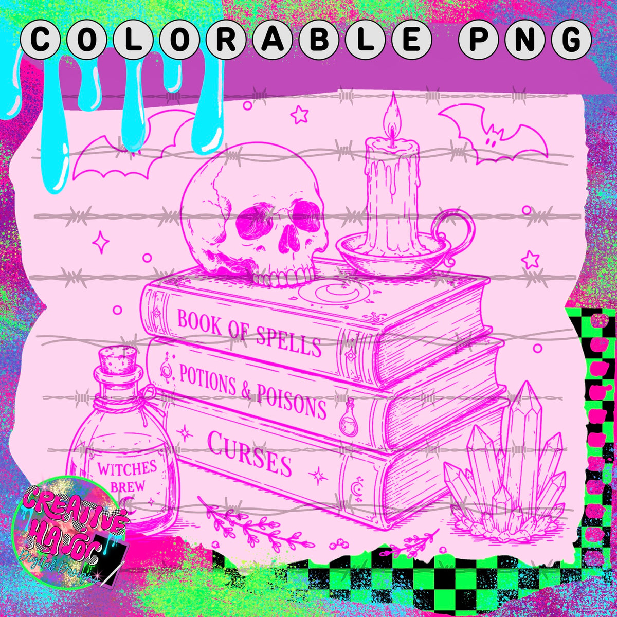 Skull and Spell Book Stack – Colorable PNG