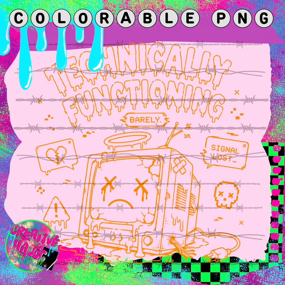 Technically Functioning Barely – Retro TV Colorable PNG
