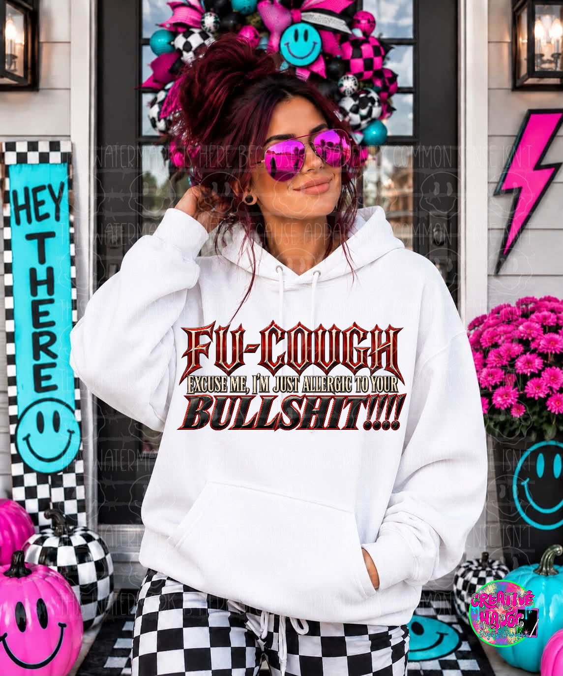 Burgundy and cream Fu-Cough lettering with an allergic to your bullshit quote. Shirt preview.