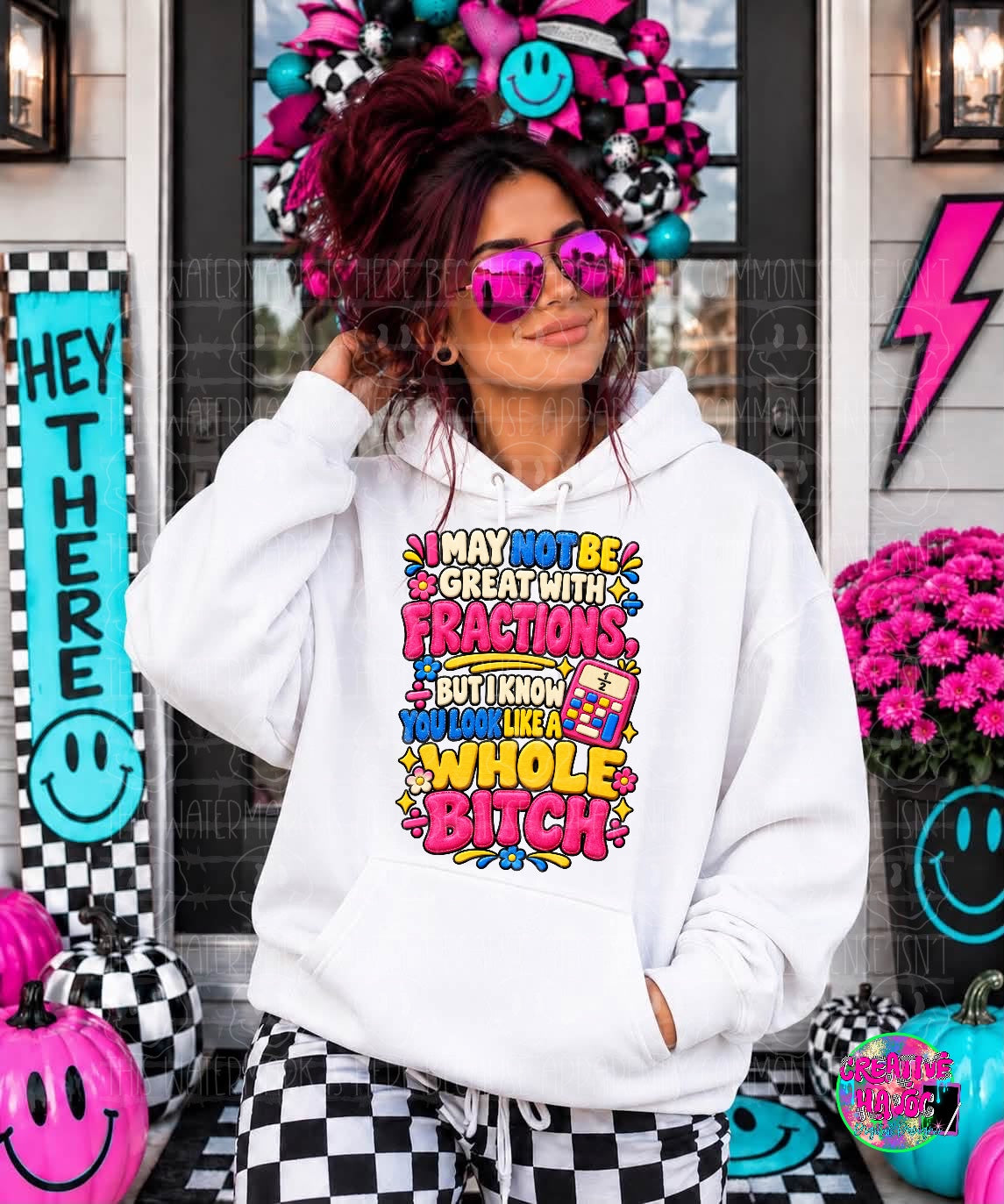 Bright pink and yellow lettering with flowers, a calculator and a sarcastic fractions quote. Shirt preview.