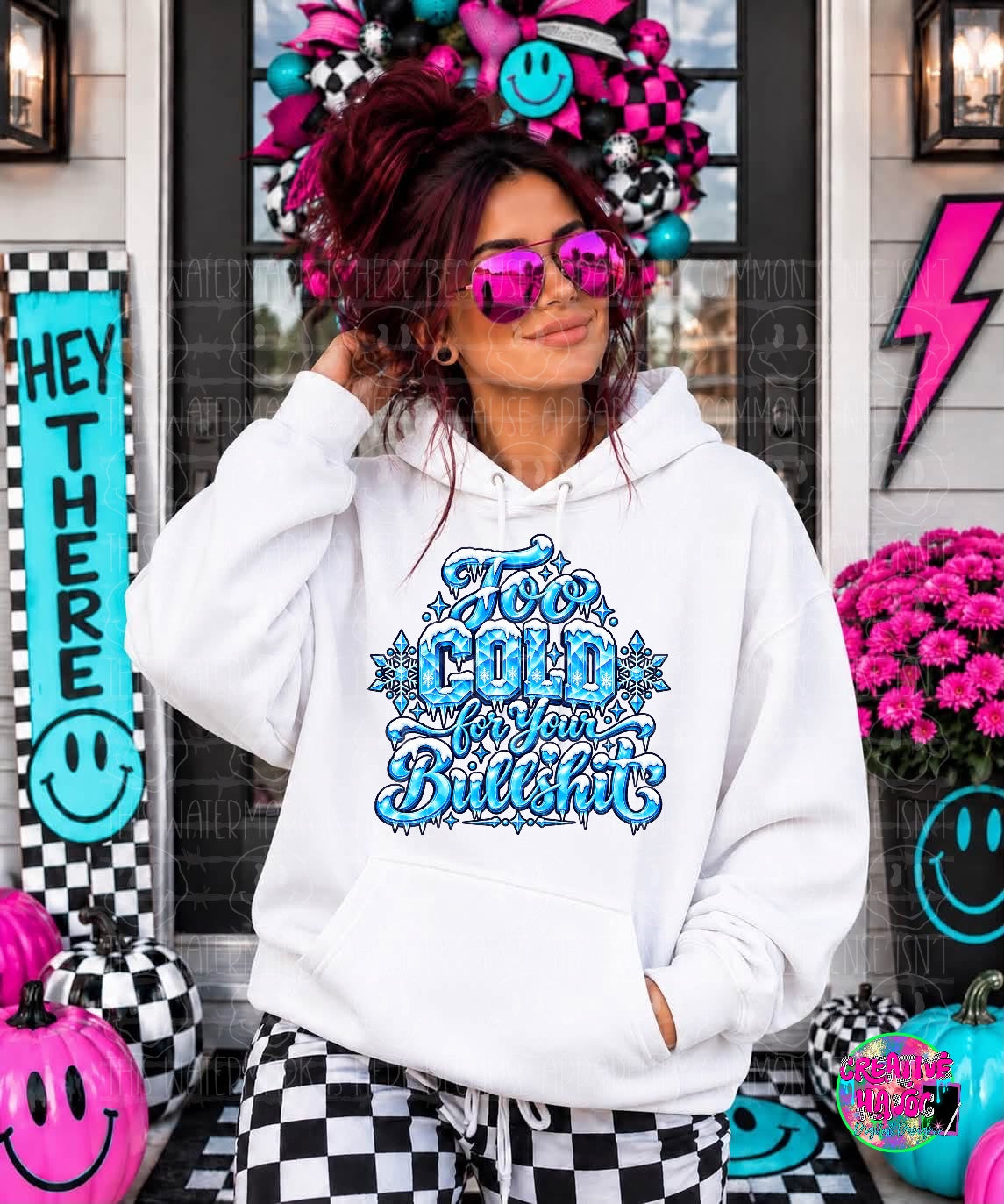 Icy blue lettering and snowflakes with a Too Cold for Your Bullshit quote. Shirt preview.