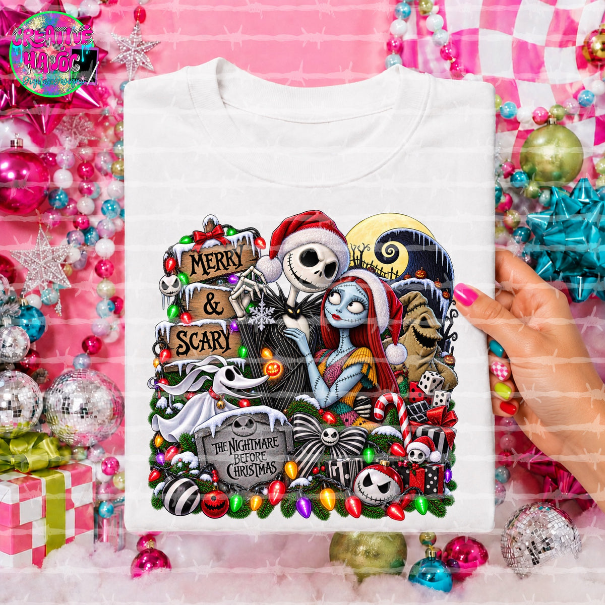 Merry and Scary spooky Christmas finished PNG design shown on a white shirt mockup