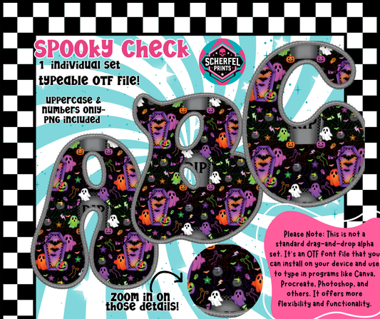 Spooky Check Faux Embroidery OTF Font + PNG Alpha Set – Typeable & Drag-and-Drop