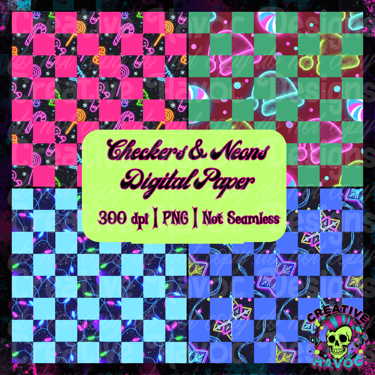 Checkers & Neons Digital Paper 4-Pack