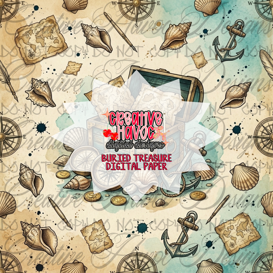 Buried Treasure Digital Paper | Nautical Pirate Map Background