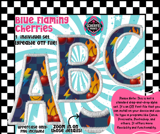 Blue Flaming Cherries Faux Embroidery OTF Font + PNG Alpha Set – Typeable & Drag-and-Drop