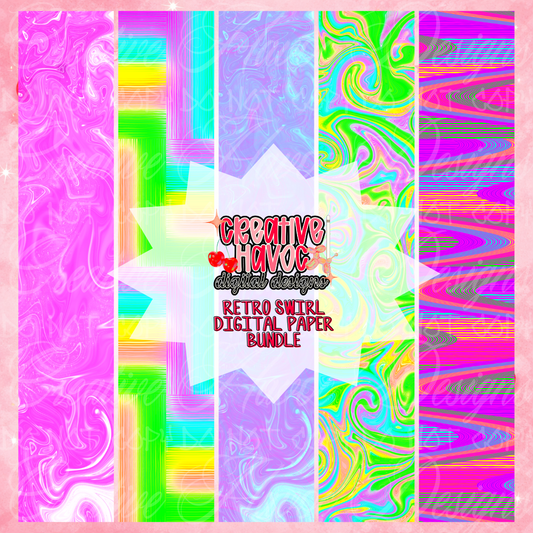Retro Swirl Digital Paper Bundle | Neon Psychedelic Backgrounds