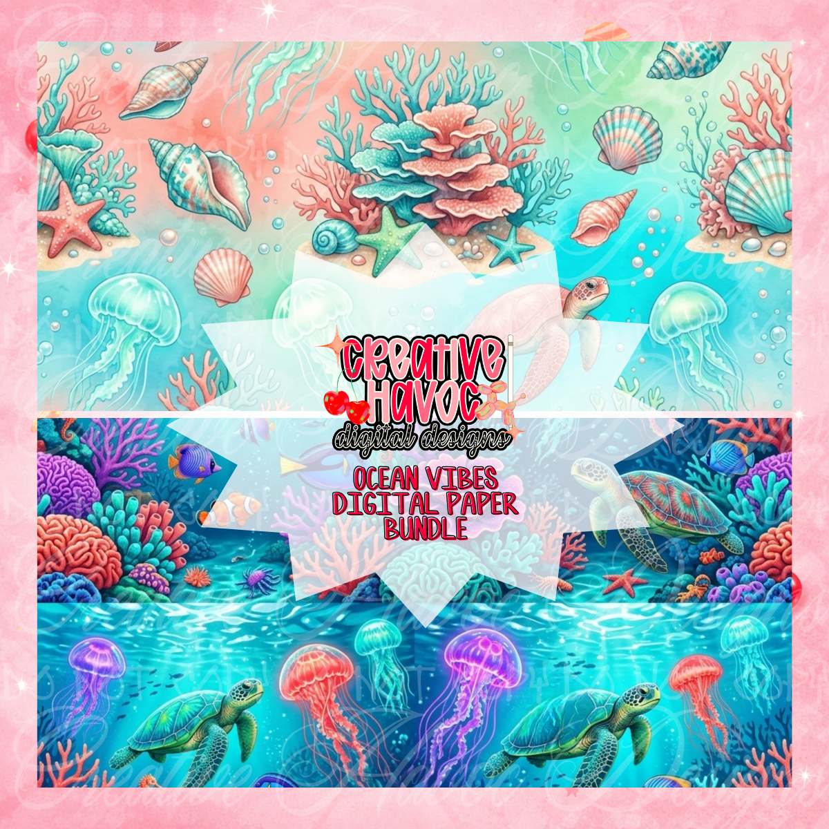 Ocean Vibes Digital Paper Bundle | Coral Reef & Sea Life Backgrounds