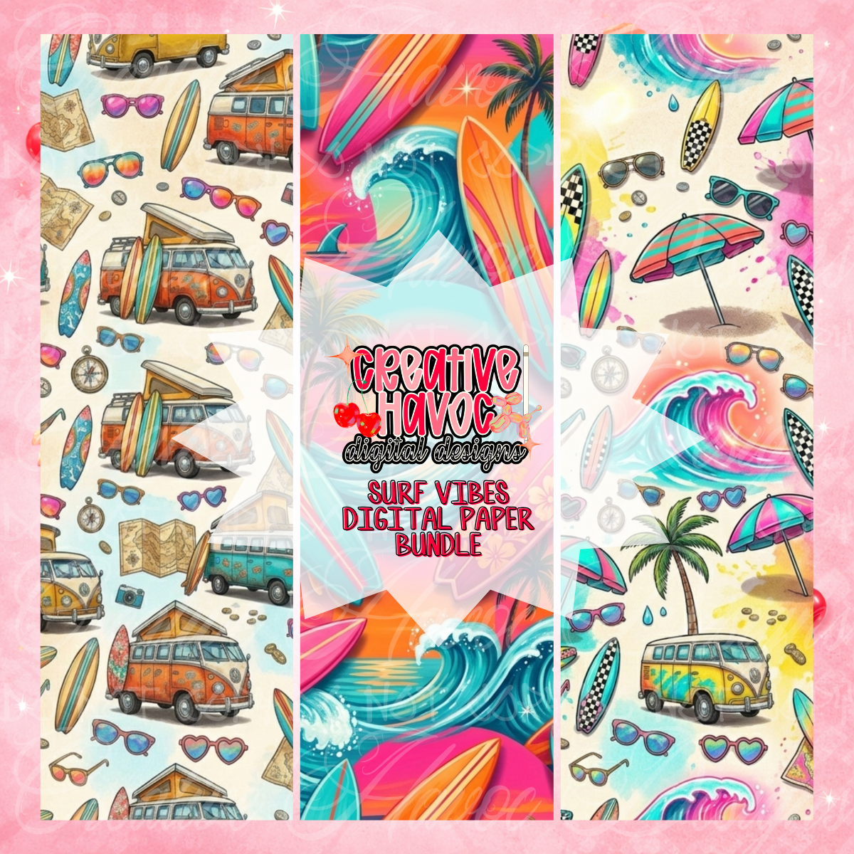 Surf Vibes Digital Paper Bundle | Retro Surf & Beach Backgrounds