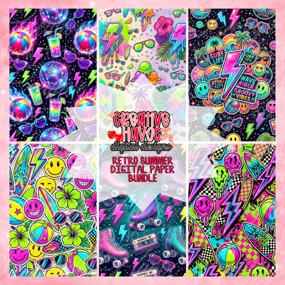Retro Summer Digital Paper Bundle | Neon 80s Summer Backgrounds