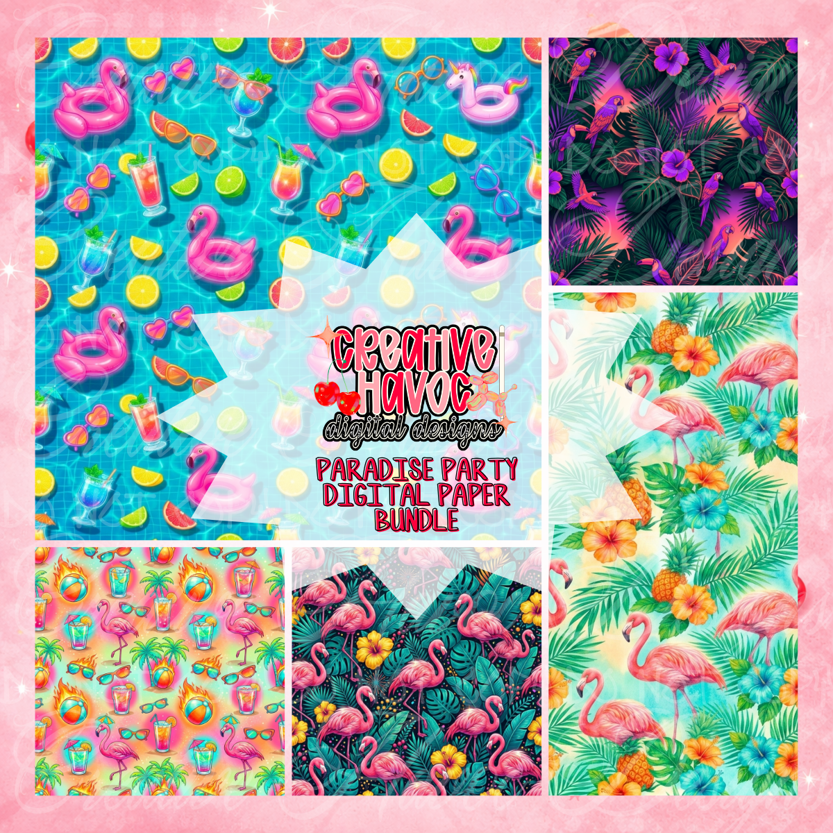 Paradise Party Tropical Digital Paper Bundle | Flamingos, Pineapples & Cocktails