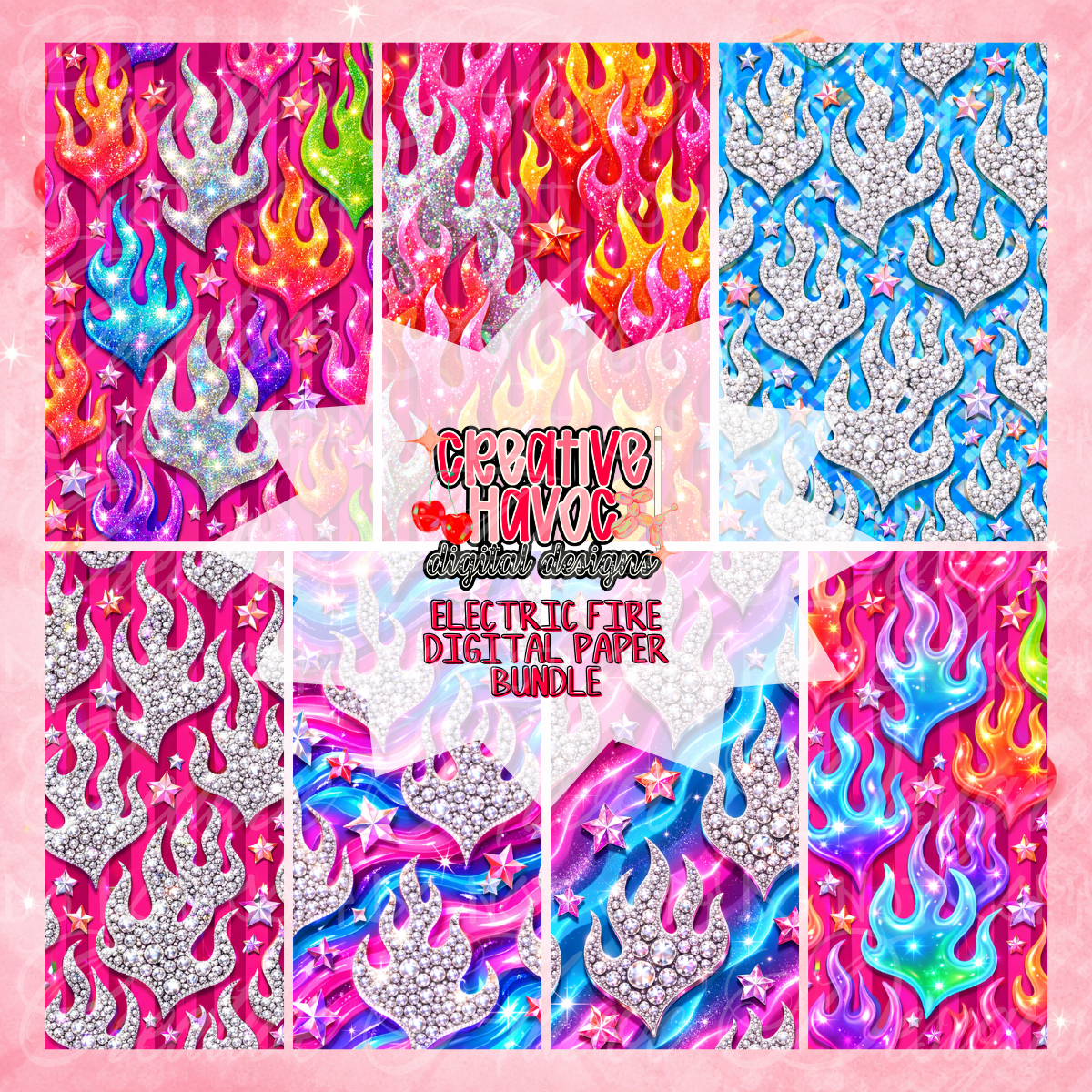 Electric Fire Digital Paper Bundle | Neon Flame & Glitter Backgrounds ...