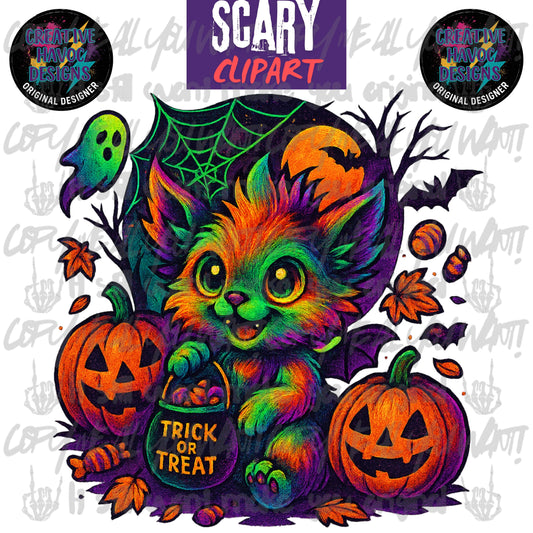 Scary Cute Trick-or-Treat Clipart – Neon Halloween PNG