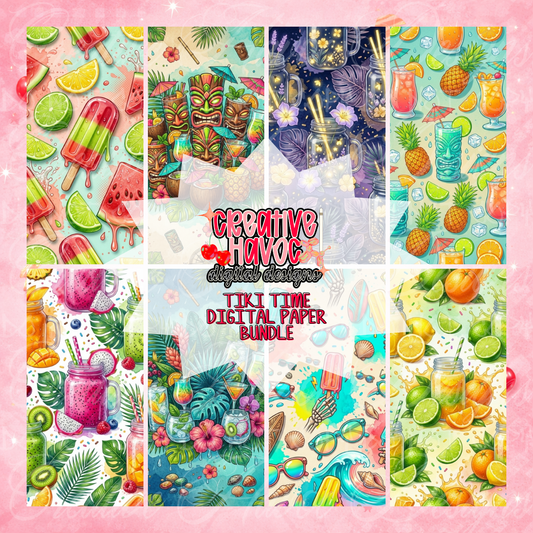 Tiki Time Digital Paper Bundle | Tropical Tiki Party Backgrounds