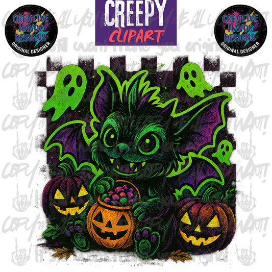 🦇 Creepy Cute Bat Clipart – Halloween Neon PNG