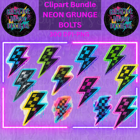 Neon Grunge Bolts Clipart Bundle | Lightning Bolt PNG Pack