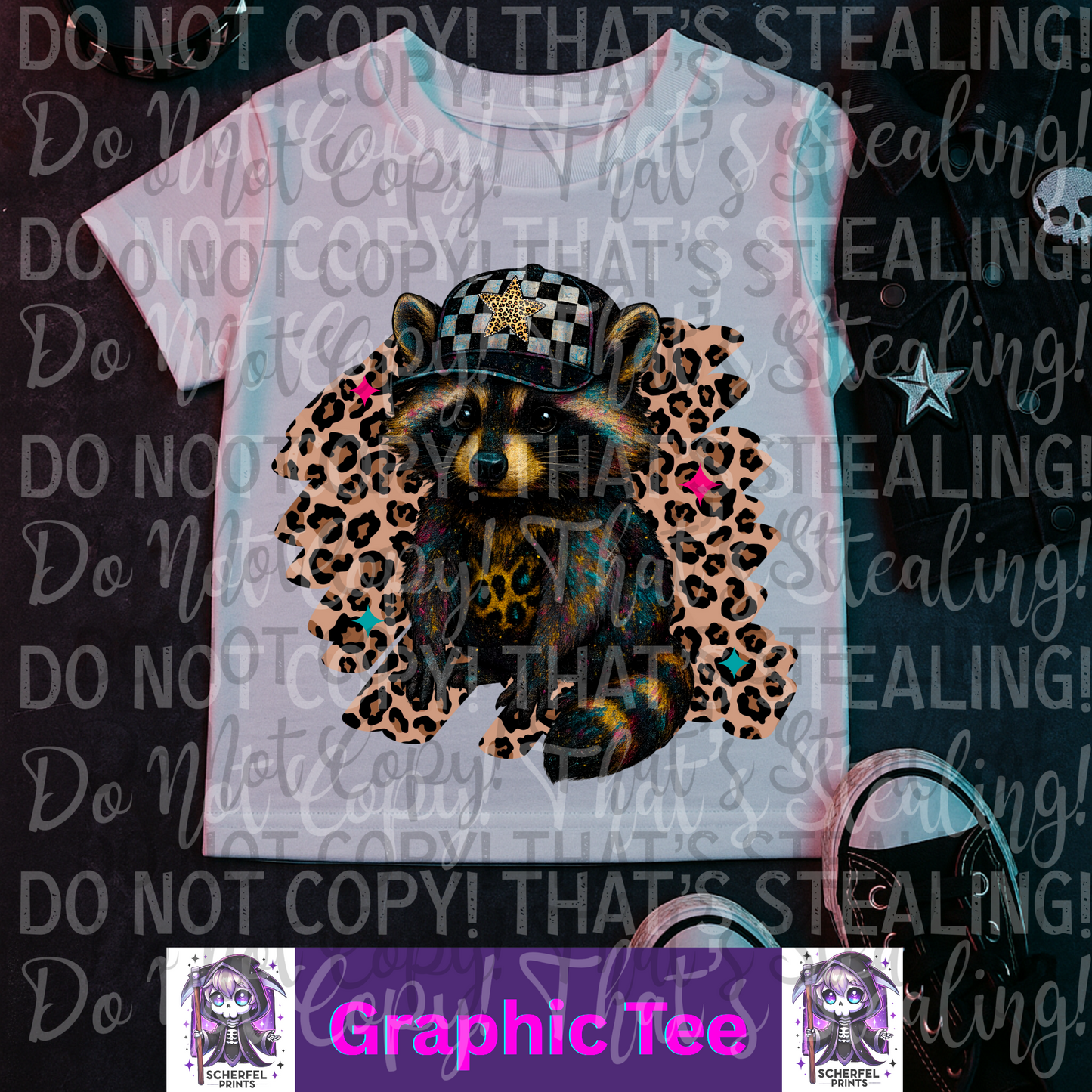 Raccoon & leopard print Finished Tee