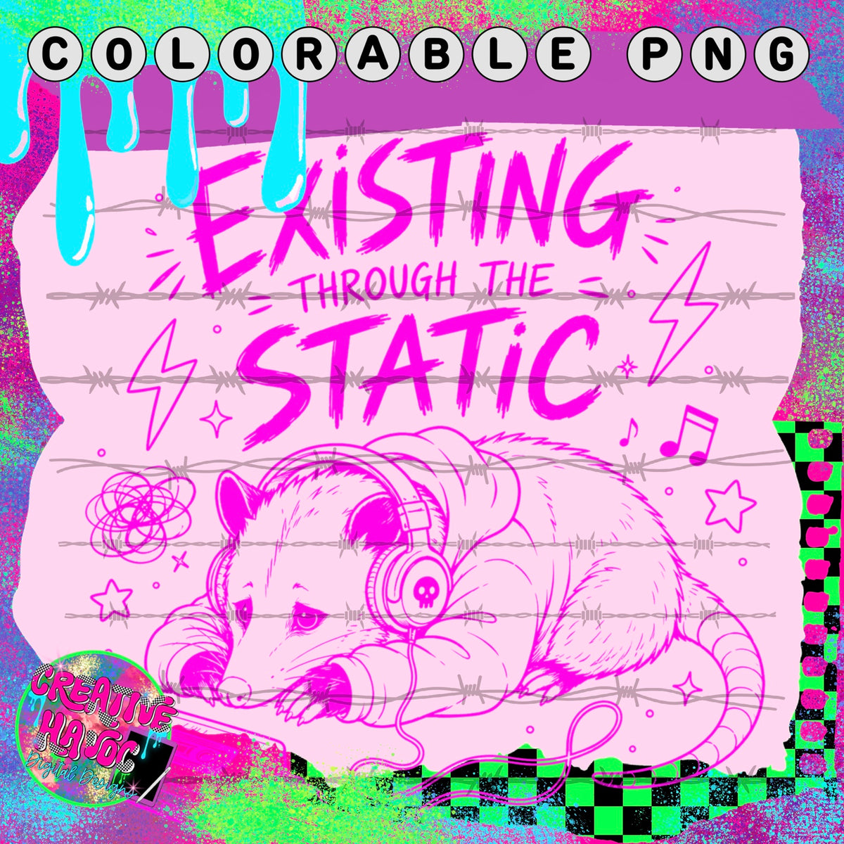 Existing Through the Static – Headphone Possum Colorable PNG