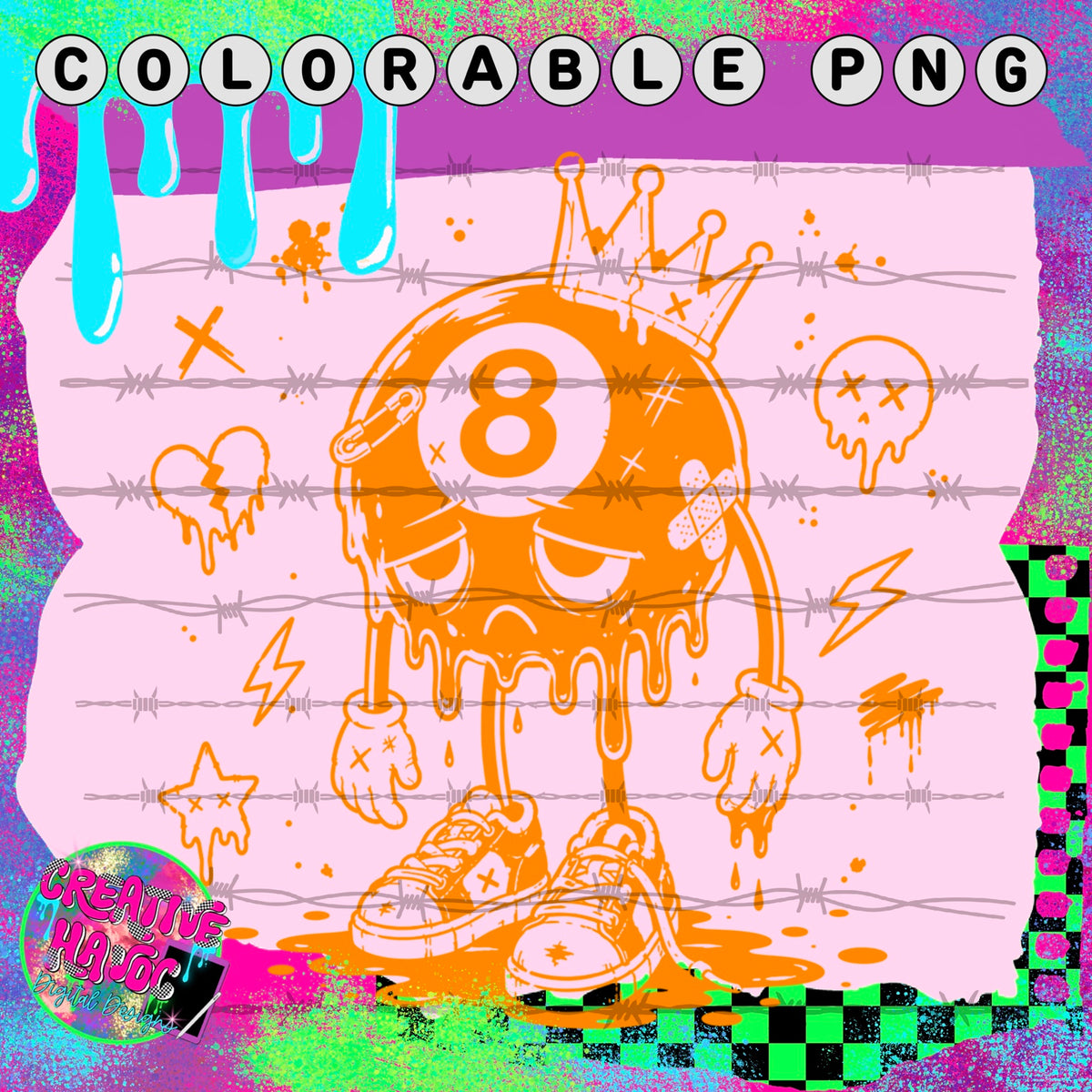 Crowned Eight Ball Character – Colorable PNG