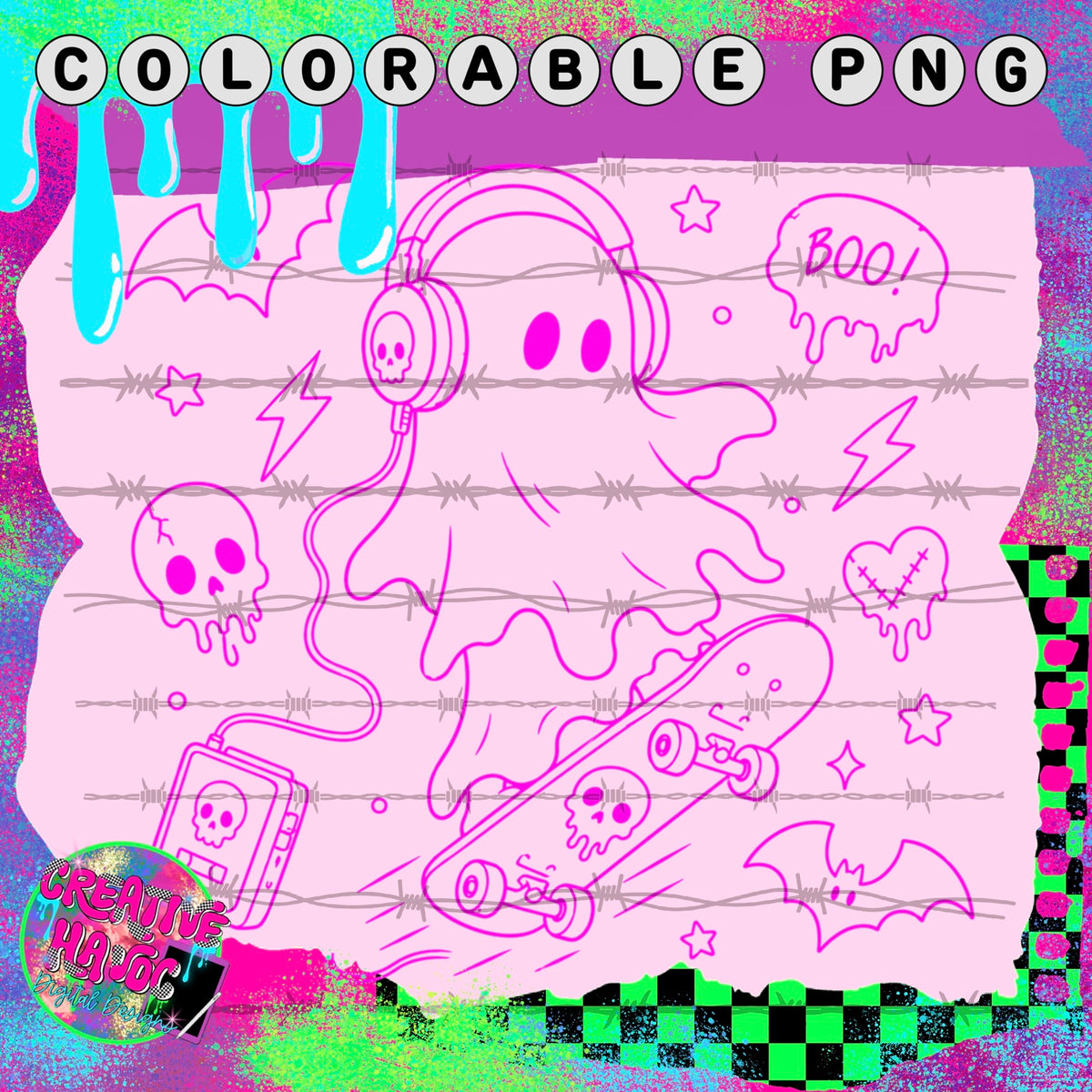 Skater Ghost with Headphones – Colorable PNG