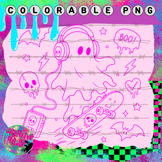 Skater Ghost with Headphones – Colorable PNG