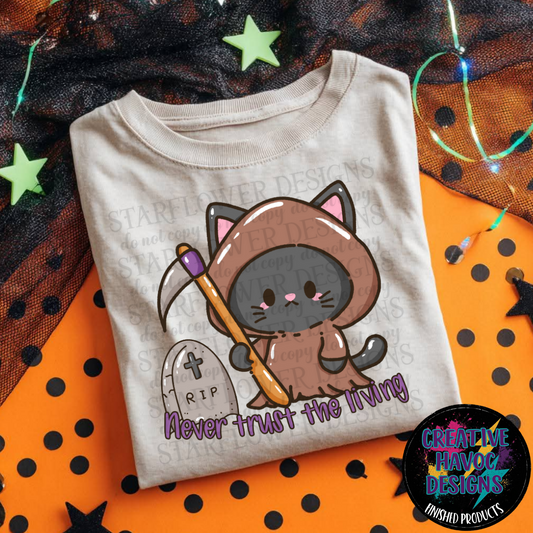 Never Trust the Living Grim Kitty Kids Graphic Tee 💀✨