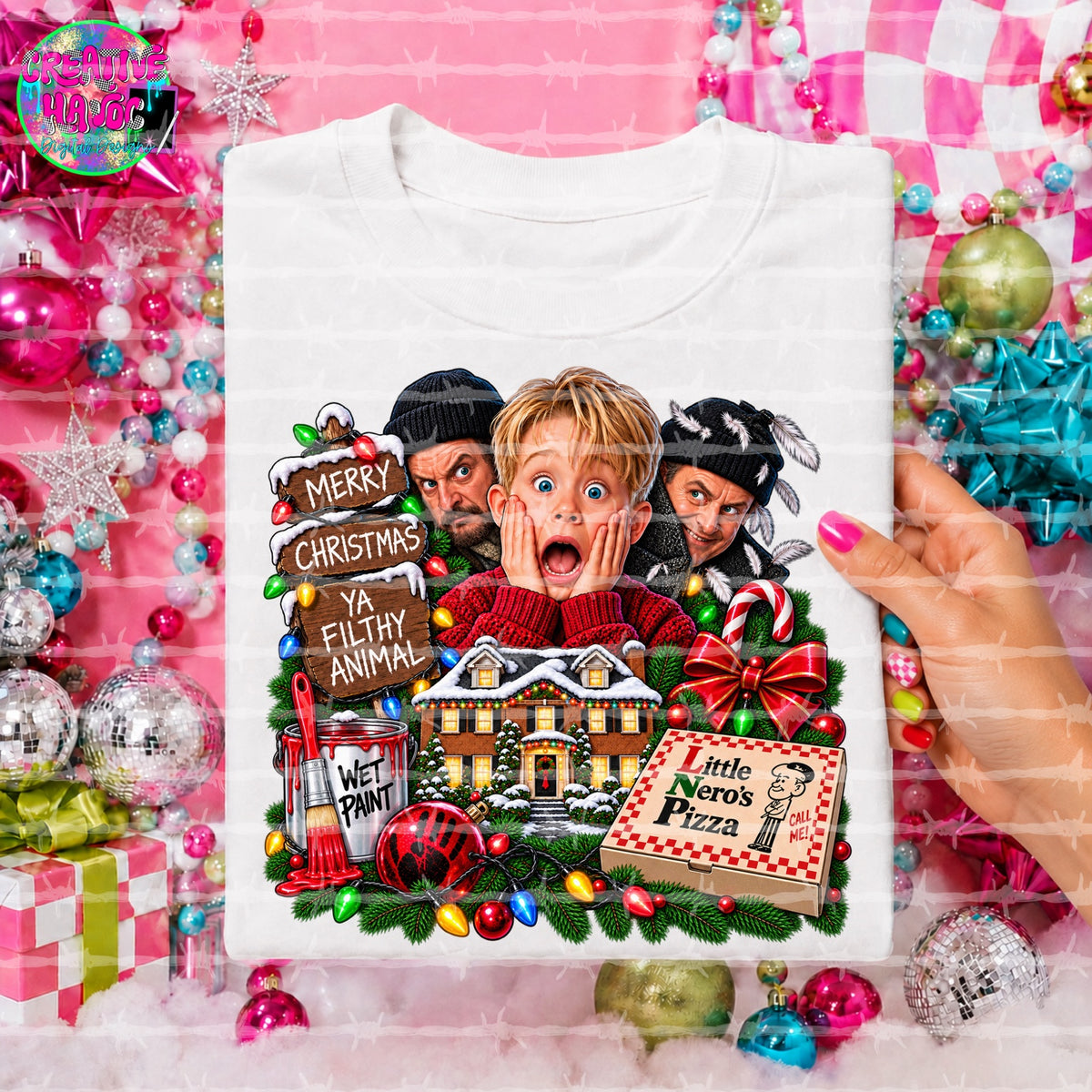Funny Christmas home chaos finished PNG design shown on a white shirt mockup