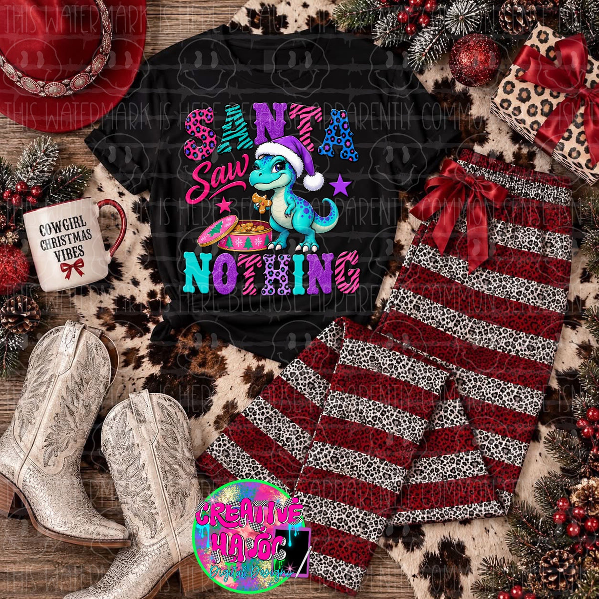 Santa Saw Nothing PNG | Christmas Dinosaur
