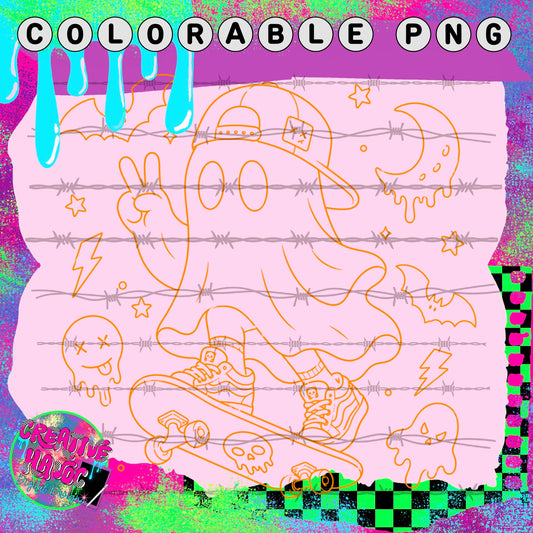 Peace Sign Skater Ghost – Colorable PNG