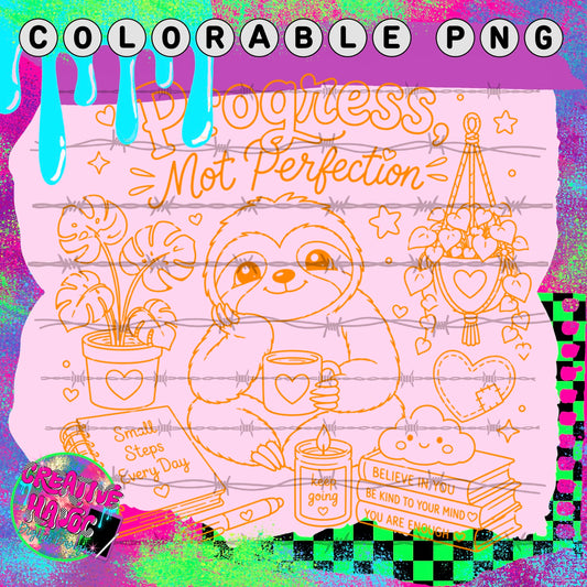 Progress Not Perfection – Sloth Colorable PNG