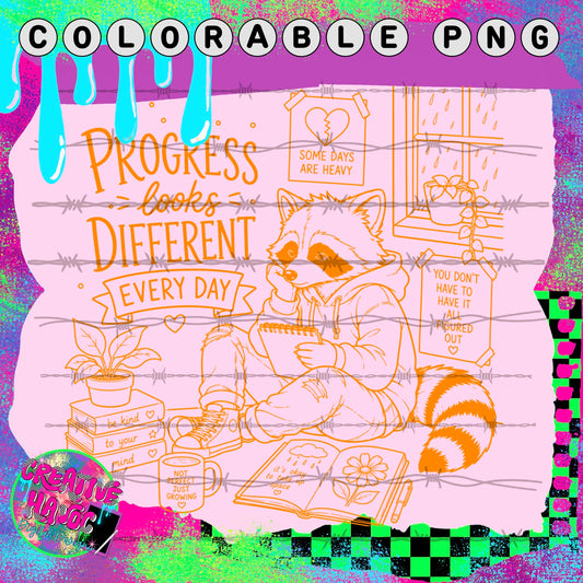 Progress Looks Different Every Day – Raccoon Colorable PNG