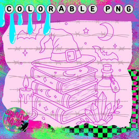 Witch Hat and Spell Books – Colorable PNG