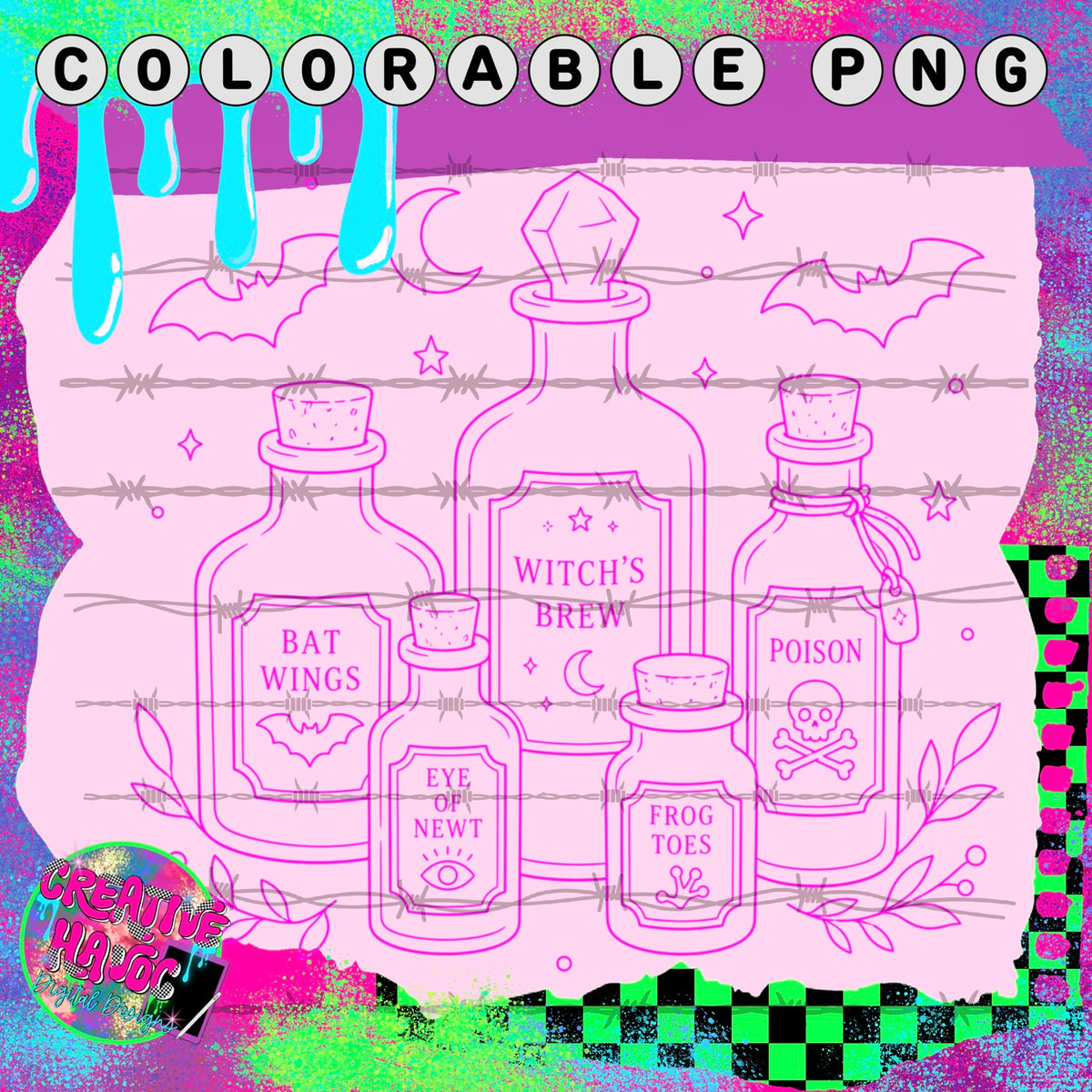 Witch’s Brew Potion Bottles – Colorable PNG