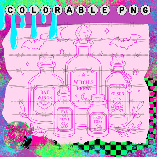 Witch’s Brew Potion Bottles – Colorable PNG