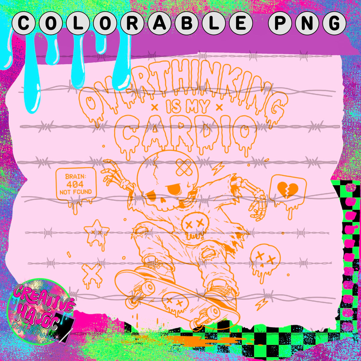 Overthinking Is My Cardio – Skater Skeleton Colorable PNG