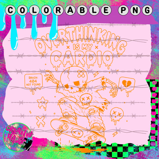 Overthinking Is My Cardio – Skater Skeleton Colorable PNG