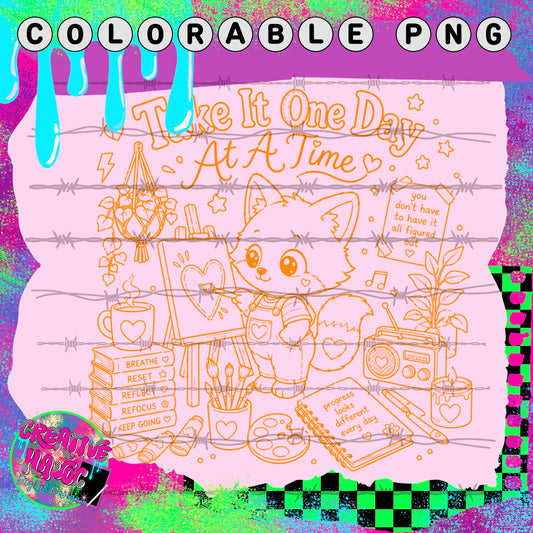 Take It One Day at a Time – Cozy Cat Colorable PNG