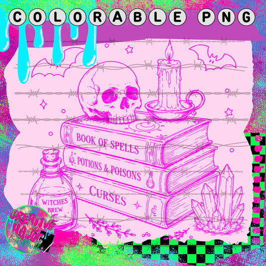 Skull and Spell Book Stack – Colorable PNG