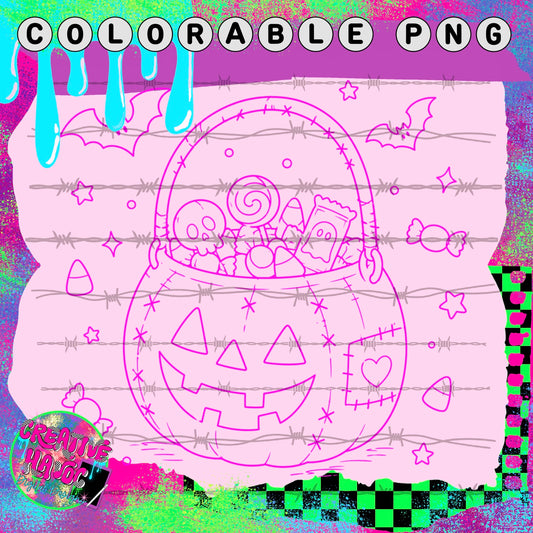 Patched Pumpkin Candy Pail – Colorable PNG