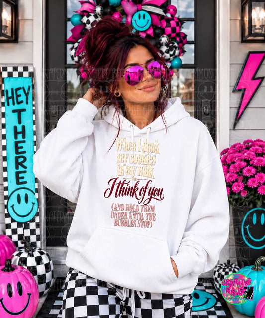 Cream and burgundy typography with a sarcastic cookies and milk quote. Shirt preview.