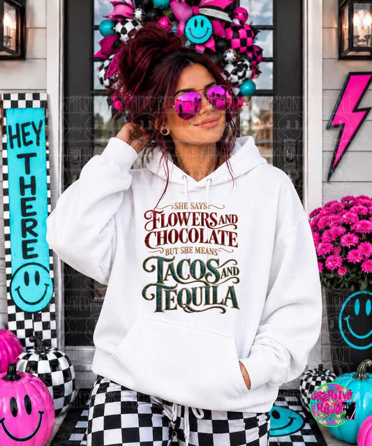 Vintage burgundy and green lettering with the flowers, chocolate, tacos and tequila phrase. Shirt preview.
