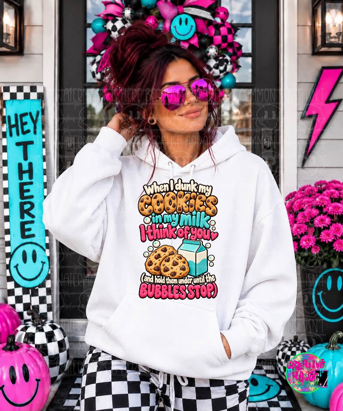 Colorful cookies and milk artwork with a sarcastic quote. Shirt preview.