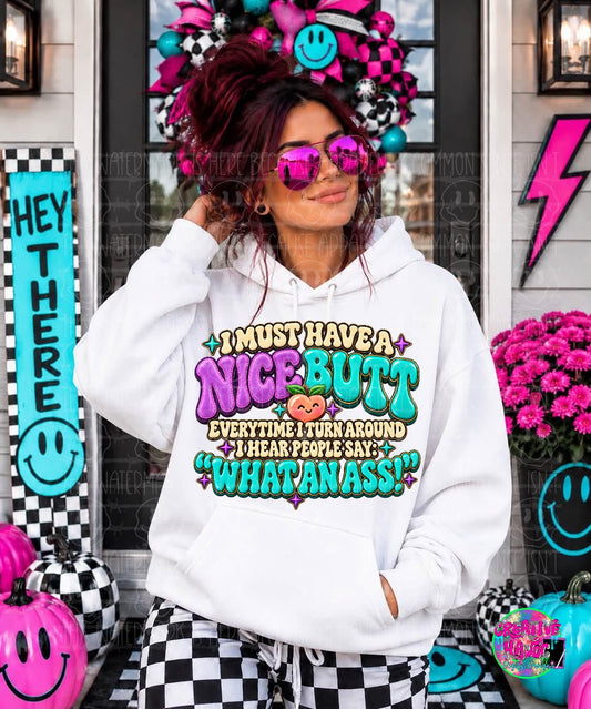 Colorful bubble lettering with hearts and the cheeky Nice Butt and What an Ass phrase. Shirt preview.