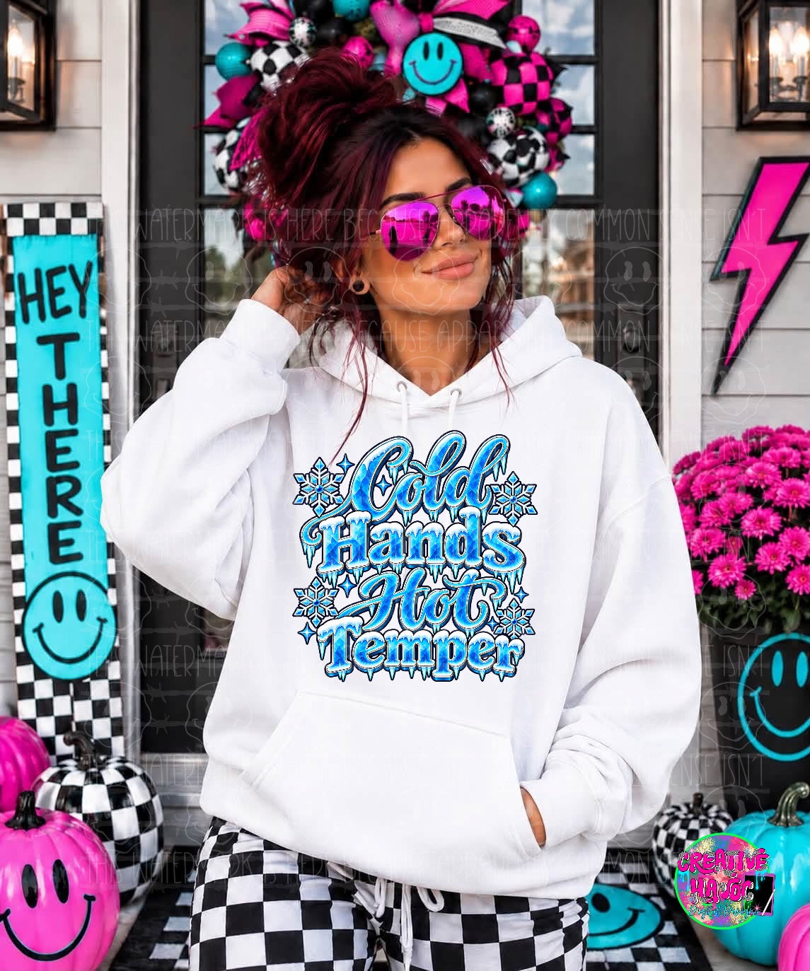Icy blue Cold Hands Hot Temper lettering with snowflakes. Shirt preview.