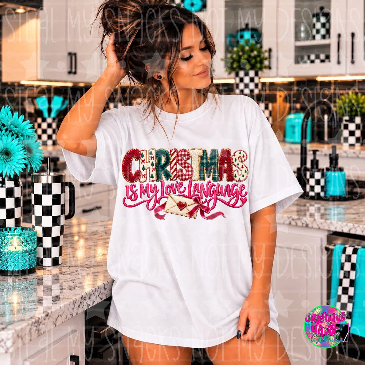 Patterned Christmas lettering with pink script, envelopes and bows. Shirt preview.